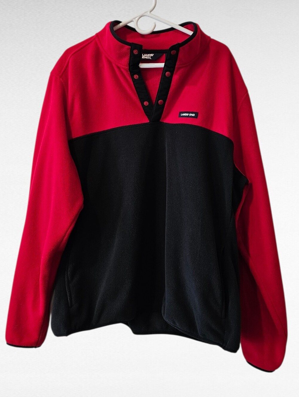 Lands End Long Sleeve Fleece Pullover Red and Black Quarter Snap Size XL